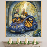 Charming Rabbits Riding Vintage Car Full Of Flowers Whimsical Fantasy Artwork For Animal Lovers And Storybook Spaces on Ready to Hang 1.5" Thick Canvas Wrap, Floating Framed Canvas, Flat Rolled Canvas